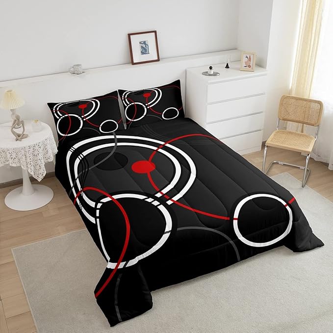 Erosebridal Modern Bedding Twin for Boys Girls Abstract Comforter Set, White Red Circle Duvet Insert Geometric Lines Quilt Set, Aesthetic Striped Bedding Comforters & Sets Colorful Durable Room Decor