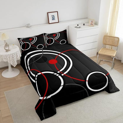 Erosebridal Geometric Bedding Set Queen Red Circles Comforter Set for Men Women, Black and White Bedding Comforter Sets Striped Decor Duvet Sets, Modern Abstract Quilted Comforter Cozy Soft 3pcs