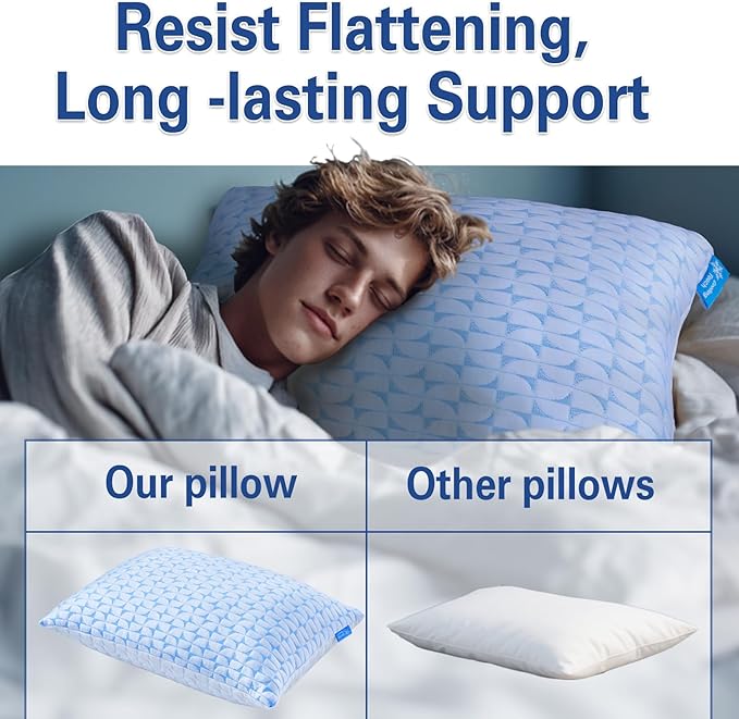 QUTOOL Firm Pillow Shredded Memory Foam, Cooling Pillow for Hot Sleeper, Adjustable Bed Pillow for Side Back Stomach Sleepers, Washable Cover, CertiPUR-US Certified, Queen Size Set of 2