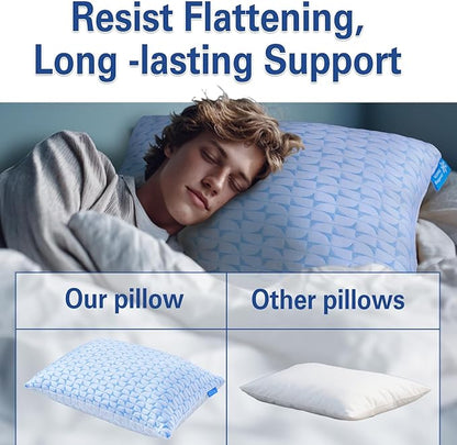 QUTOOL Firm Pillow Shredded Memory Foam, Cooling Pillow for Hot Sleeper, Adjustable Bed Pillow for Side Back Stomach Sleepers, Washable Cover, CertiPUR-US Certified, Queen Size Set of 2