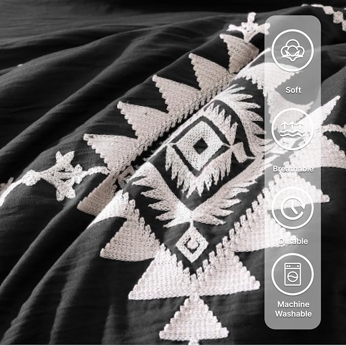 MaiRêve Embroidery Comforter Set, Boho Farmhouse Western Bedding Set, All Season Bed in A Bag Comforter Set with Sheets, Pillowcases & Shams, Black California King 7 Pieces