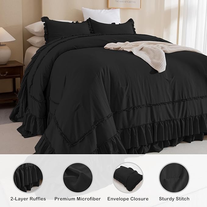Masaca Oversized King Comforter 128x120,Shabby Boho Chic Farmhouse Bedding Comforter with Ruffles Vintage Soft French Country Bedding Set Lightweight Black Ruffled Extra Large King Comforter 3 Pcs