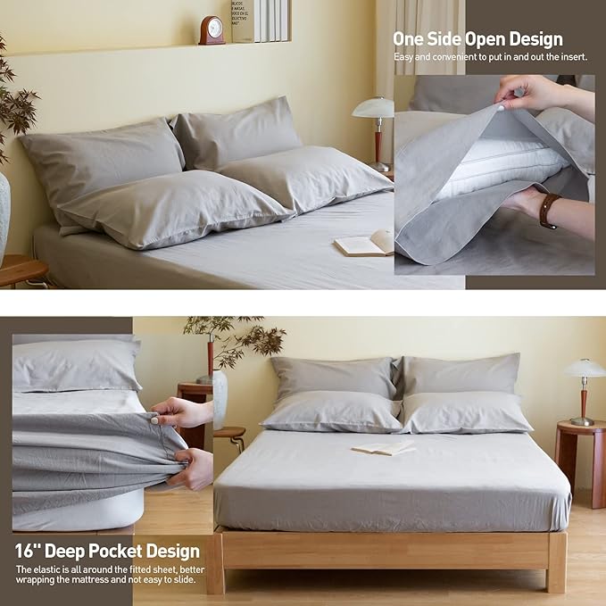Simple&Opulence Belgian Linen Sheet Set Solid Color - 6 Pieces (1 Flat Sheet & 1 Fitted Sheet & 4 Pillowcases) 16" Deep Pocket Natural Flax Cotton Blended Soft Bedding - Grey, Queen Size