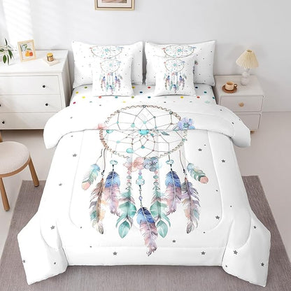 Bohemian Dreamcatcher Bedding Comforter Sets 7pcs Hippie Boho Dream Catcher Bed in a Bag, White Twin Bedding Sets Tribal Nordic Feathers Comforter Set, Exotic Style Ethnic Bedding Sets & Collections