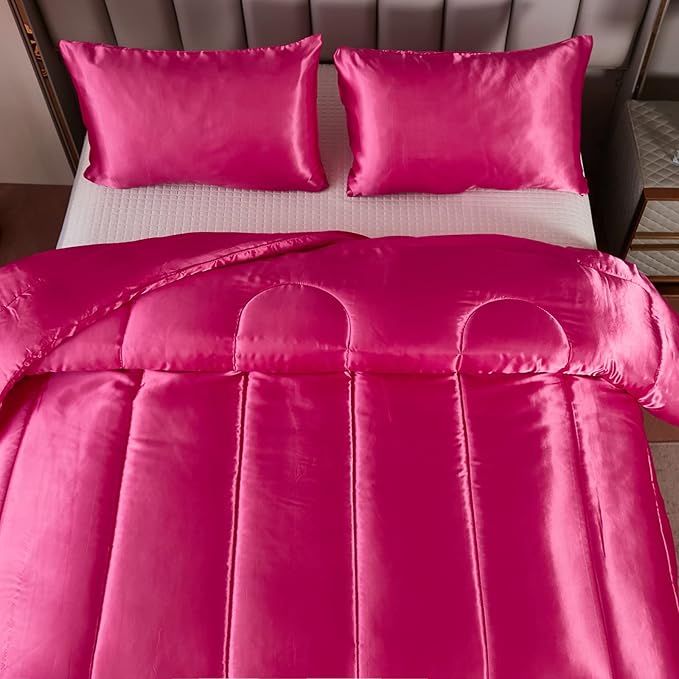 Satin King Comforter Sets Silk Like Hot Pink Comforter Alternative Down Comforter Soft Polyester Filling Luxury Silky Bedding Comforter Set 1 Comforter 2 Pillowcases (King, Hot Pink)