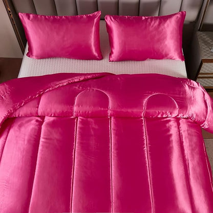 Satin King Comforter Sets Silk Like Hot Pink Comforter Alternative Down Comforter Soft Polyester Filling Luxury Silky Bedding Comforter Set 1 Comforter 2 Pillowcases (King, Hot Pink)