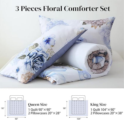 Floral Comforter Set King Size, 3 Pieces Elegant Blue Floral Bed in a Bag, Soft Microfiber Botanical Flower Bedding Set with 2 Pillowcases for All Season 104"×90"