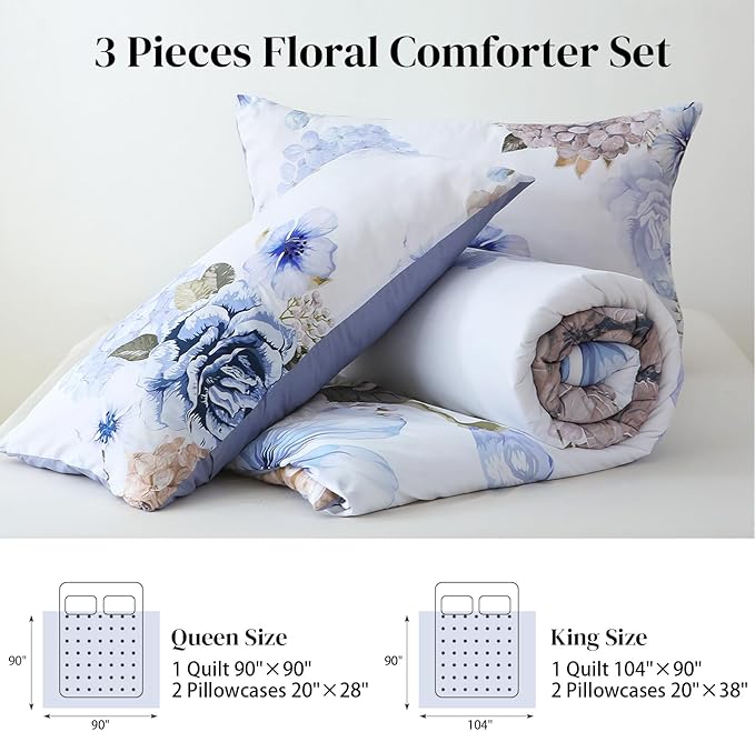 Floral Comforter Set Queen Size, 3 Pieces Elegant Blue Floral Bed in a Bag, Soft Microfiber Botanical Flower Bedding Set with 2 Pillowcases for All Season 90"×90"