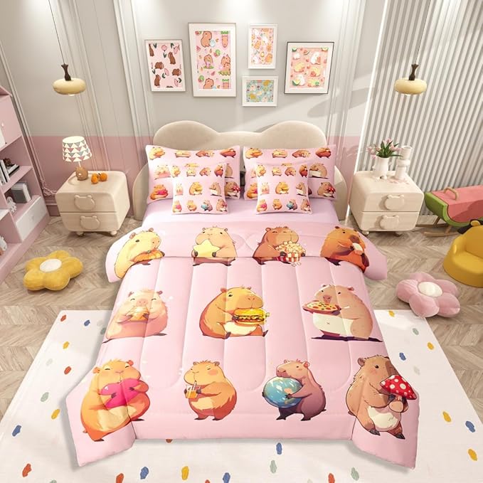 Erosebridal Funny Capybaras 7 Pieces Bedding Set Twin,Capybara Lover Bed in a Bag,Cartoon Rodents Bed Set Includes Comforter,Sheet Set,Pillowcases & Pillow Covers,Pink Khaki Capybara Bedroom Decor