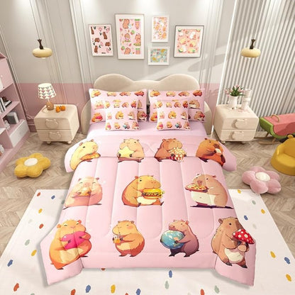 Erosebridal Funny Capybaras 7 Pieces Bedding Set Full,Capybara Lover Bed in a Bag,Cartoon Rodents Bed Set Includes Comforter,Sheet Set,Pillowcases & Pillow Covers,Pink Khaki Capybara Bedroom Decor
