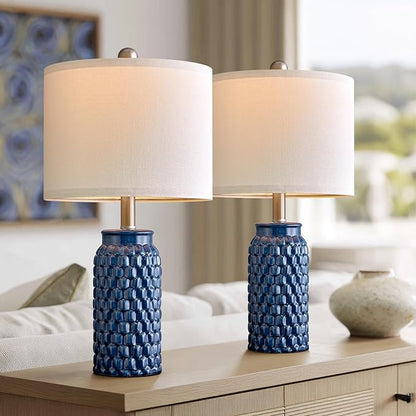 20.5" Set of 2 Bedside Table Lamps Modern Blue Honeycomb Ceramic - Linen Shade, E26 Knob Switch for Living Room, Bedroom & Nightstand