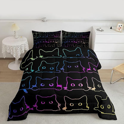 Erosebridal Cute Cats Bedding Set Queen Kawaii Cat Pet Comforter Colorful Neon Ombre Animal Line Down Lovely Lovers Room Decor Lightweight Duvet For Teens Children Boy Girl,Multi 362