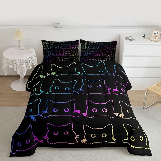 Cute Cats Bedding Set King Kawaii Cat Pet Comforter Set Colorful Neon Ombre Kawaii Animal Line Down Comforter Lovely Cat Lovers Room Decor Lightweight Duvet Set For Teens Children Boy Girl