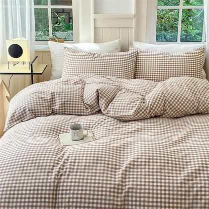 Nayoroom Brown Gingham Comforter Set Queen Size Tan White Plaid Checkered Comforter 3 Pieces Soft Lightweight Grid Dorm Bedding Set for All Seasons