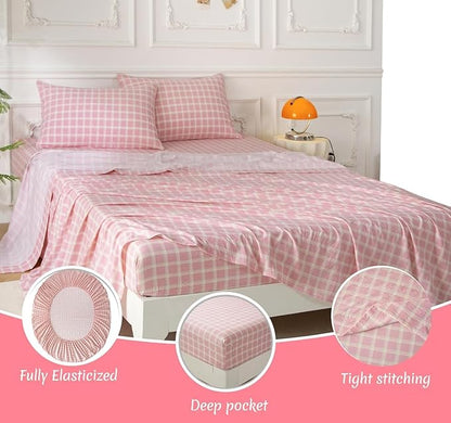 SDY 7PCS Pink Plaid Comforter and Sheet Set Queen Size, Super Soft Microfiber Gingam Bedding Set for Kids Girls Includes 1*Comforter,1* Flat Sheet, 1*Fitted Sheet,2*Pillowcases and 2*PillowcaseShams