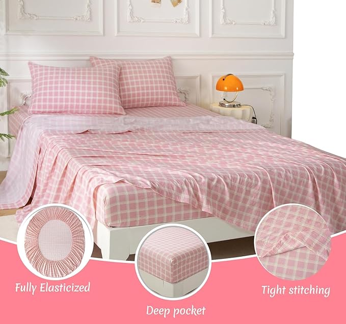 SDY 7PCS Pink Plaid Comforter and Sheet Set Full Size, Super Soft Microfiber Gingam Bed in A Bag Includes 1*Comforter,1* Flat Sheet, 1*Fitted Sheet,2*Pillowcases and 2*PillowcaseShams
