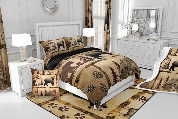 Feelyou Lodge Cabin Comforter Set Twin Size Gray Bear Pine Tree Silhouette Pattern Quilted Duvet with 1 Pillowcases+1 Wild Animal Western Jungle Style Bedding for Teens Adults 2 Pcs