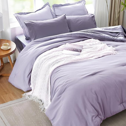 Purple Lavender Comforter Set, 7 Piece Soft Bed in a Bag - Reversible Bedding Set, Assortment of Sheets, Pillowcases & Shams, All Seasons Boho Queen Bed Set