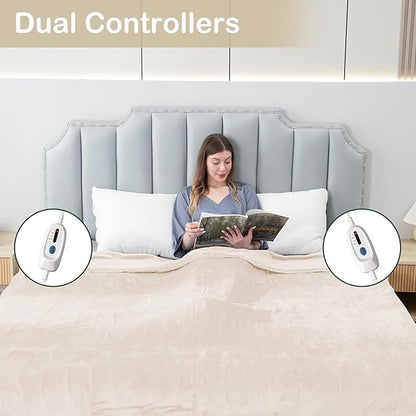 Electric Heated Blanket Queen Size 84"x90", Soft Plush Microplush for Bed, Dual Controllers & Dual Heating Zones, 10 Hours Auto Off & 4 Heating Levels, Machine Washable, Gifts for Family-White