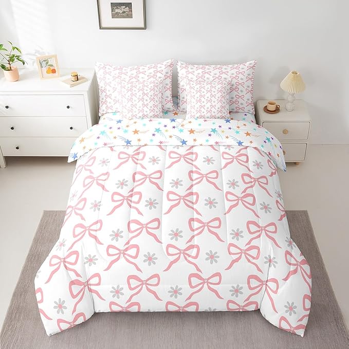 Feelyou Pink Bow Comforter Set with Sheets Twin Size Kids Bowknot Floral Flower 7 Pieces Bedding Set for Boys Girls Teens Gift for Girls Women Bed in a Bag Breathable Princess Décor Bed Set