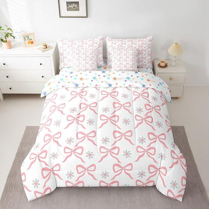 Feelyou Pink Bow Comforter Set with Sheets Queen Size Kids Bowknot Floral Flower 7 Pieces Bedding Set for Boys Girls Teens Gift for Girls Women Bed in a Bag Breathable Princess Décor Bed Set