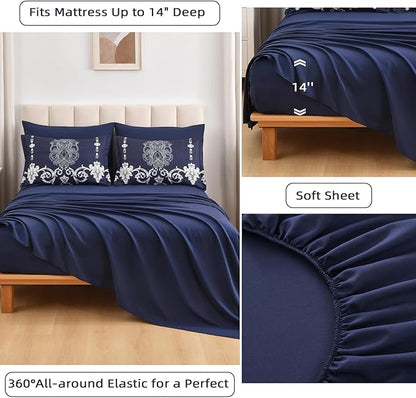 Mybedsoul Navy Blue Queen Comforter Set, 7 Pieces Boho Bed in a Bag for Queen Bed, Damask Comforter with Sheets Pillowcases, Soft Microfiber Lightweight Bedding Sets for All Season(90"x90")