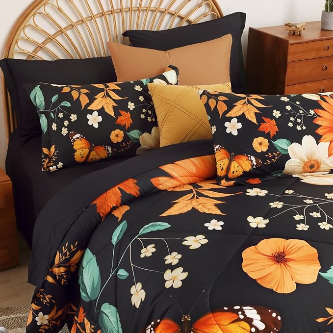 EVENHUG Queen Comforter Set 7 Pieces Lightweight Soft Queen Size Comforters for All Season Floral Bedding Sets Bed in a Bag with Flat Sheet and Fitted Sheet Pillowcases (90"x90")
