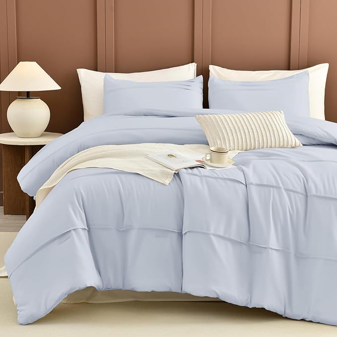 Sanracie Cotton King Comforter Set(106"x 95"),3Pcs Soft Lightweight Pinch Pleated Bedding Set,Cornflower Blue Colored Shabby Boho Chic Aesthetic Bedroom Sets