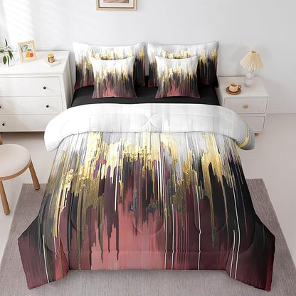 Burgundy Red Bed in a Bag 7-Piece Gradient Stripe Bedding Set Modern Oil Painting Graffiti Twin Size Comforter Set Watercolor Abstract Artwork Bedding Comforter Sets, Aesthetic Metallic Golden Bed Set