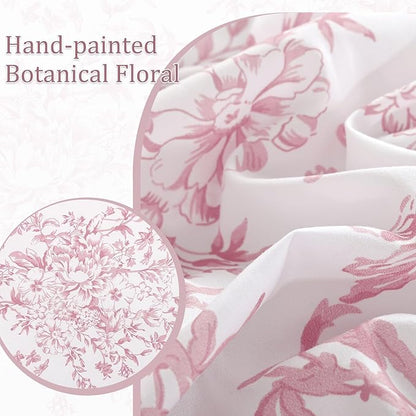 WONGS BEDDING Queen Size Comforter Set, 8 Pieces Pink Floral Bed in a Bag Comferter Sets, Botanical Print Soft Fluffy Microfiber Complete Bedding Sets for All Season (90"x90")