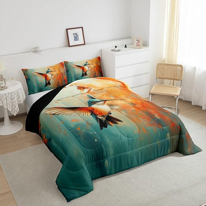 Feelyou Hummingbird Comforter Set Full Size Tropical Birds Comforter Hummingbird Flowers Bedding Set Blossoming Iris Flowers Duvet Set Room Decor Teal Quilt Set