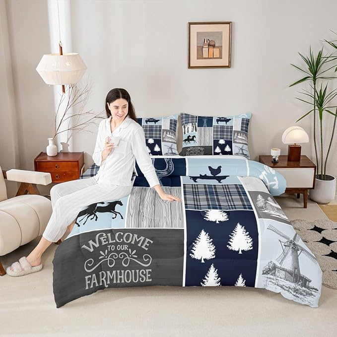Erosebridal Farmhouse Horse Quilt, Rustic Windmill Comforter Set Queen Lodge Cabin Patchwork Bedding Set for Kids Teens Adult, Farm Animal Cowboys Horseshoe Down Comforter, 2 Pillow Cases, Grey Blue