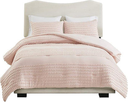 Comfort Spaces Cotton Comforter Set Jacquard Pom-Pom Tufts Design, Down Alternative, All Season Modern Bedding, Matching Shams, Full/Queen, Phillips, Blush