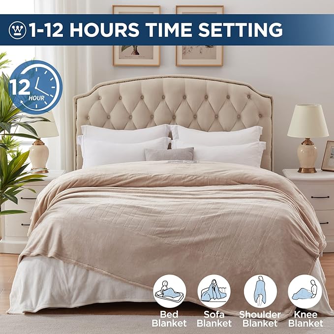 Westinghouse Electric Blanket King Size, Super Cozy Soft Flannel 100"" x 90"" Heated Blanket with 10 Fast Heating Levels & 1-12 Auto-Off, Machine Washable, ETL&FCC Certification, Beige