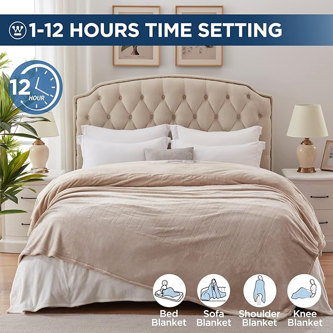 Westinghouse Electric Blanket Queen Size, Super Cozy Soft Flannel 84"" x 90"" Heated Blanket with 10 Fast Heating Levels & 1-12 Auto-Off, Machine Washable, ETL&FCC Certification, Beige