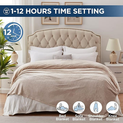 Westinghouse Electric Blanket Queen Size, Super Cozy Soft Flannel 84"" x 90"" Heated Blanket with 10 Fast Heating Levels & 1-12 Auto-Off, Machine Washable, ETL&FCC Certification, Beige