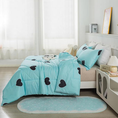 Caressma Love Pattern Girls Comforter Set Queen Size, Sky Blue Cute Love Heart Print Comforter Bedding Set for All Seasons, Geometric Soft Microfiber 3 Pieces Comforter Set with Pillowcases