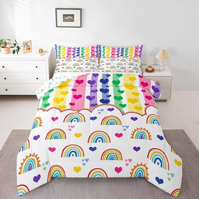 Manfei Cute Rainbow Kids Comforter Set Toddler Size,Watercolor Love Heart Dreamy Bedding Set,Girls Women Room Decor,Colorful Geometric Stripes Patchwork Down Comforter,Chic Duvet Insert,1 Pillowcase