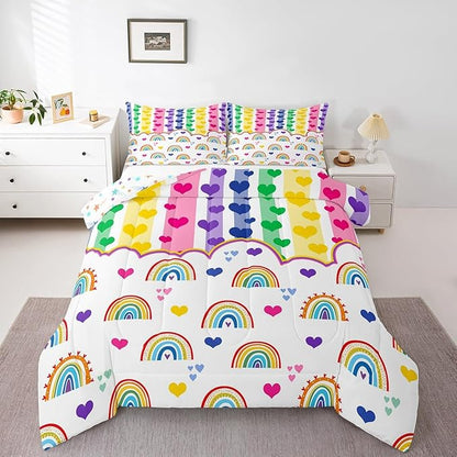 Manfei Cute Rainbow Kids Comforter Set King Size,Watercolor Love Heart Dreamy Bedding Set,Girls Women Room Decor,Colorful Geometric Stripes Patchwork Down Comforter,Chic Duvet Insert,2 Pillowcases