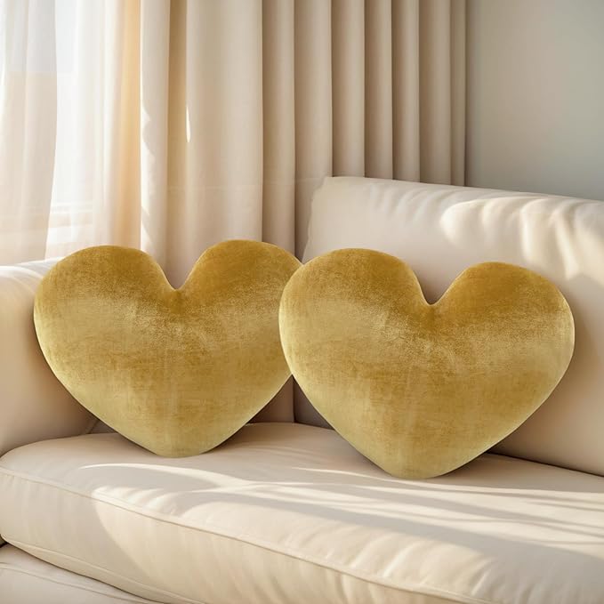 16 Inch Heart Pillow Cute Soft Decorative Throw Pillows, Heart Shaped Fluffy Faux Fur Pillows Cushions for Couch Sofa Bed Bedroom Room Home Decor Aesthetic (2, Gold, Medium-16 x13)