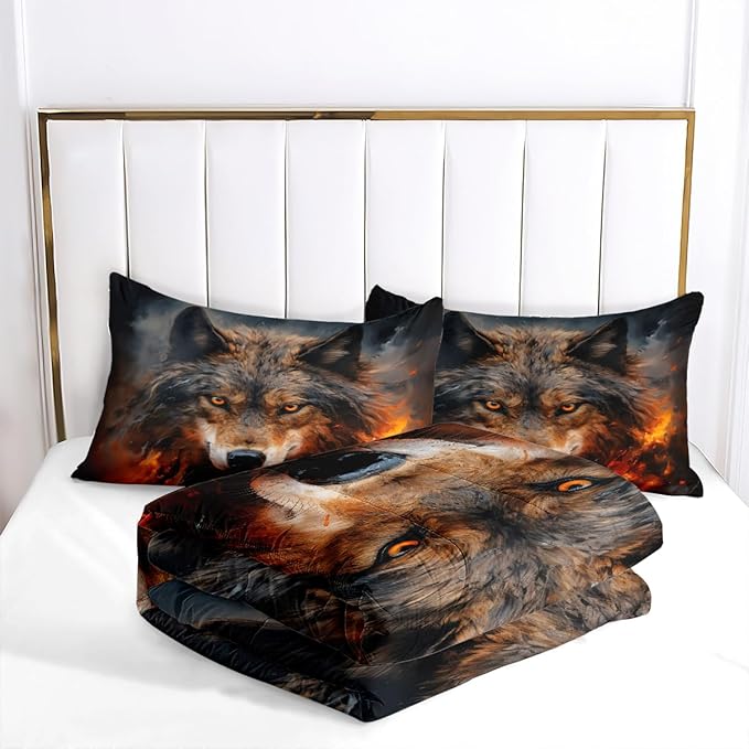 Wolf Comforter Set Twin Size, Black Red Fire Bedding Set for Kids, Western Wild Animal Print Bedroom Decor, 68''x 86''