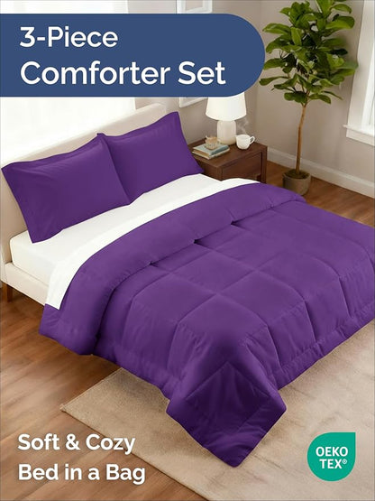 Queen Comforter Set - 3 Piece Bed Set for All Seasons - 1 Soft Quilted Comforter w/ Corner Tabs & 2 Pillow Shams - Comfy, Cozy & Breathable - Premium Down Duvet Insert - Oeko-TEX - Queen Size, Purple