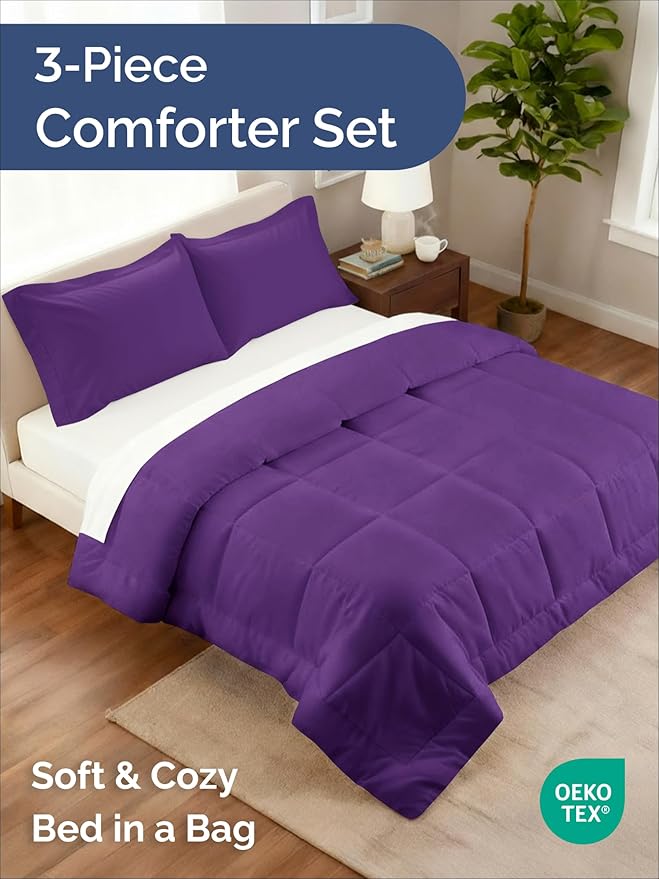 Full Comforter Set - 3 Piece Bed Set for All Seasons - 1 Soft Quilted Comforter w/ Corner Tabs & 2 Pillow Shams - Comfy, Cozy & Breathable - Premium Down Duvet Insert - Oeko-TEX - Full Size, Purple