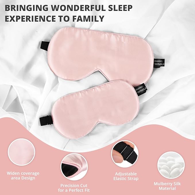 Silk Sleep Mask Eye Cover, 100% Real Natural Eye Mask for Sleeping with Adjustable Strap, 100% Silk Filling Blindfold, sleepmask for Kids/Teens/Adults, Sleeping Masks for Family (2 Pink)