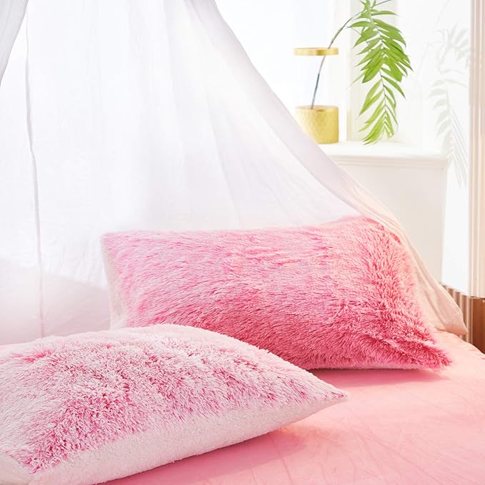 Flysheep Luxury Faux Fur Shaggy Fluffy Comforter Set Twin Size Mixed Blush Pink and White Long Hair, 3 Pieces Plush Flannel Sherpa Backing Reversible Soft Microfiber Bedding Set Super Warm for Winter