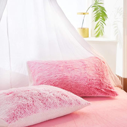 Flysheep Luxury Faux Fur Shaggy Fluffy Comforter Set Twin Size Mixed Blush Pink and White Long Hair, 3 Pieces Plush Flannel Sherpa Backing Reversible Soft Microfiber Bedding Set Super Warm for Winter
