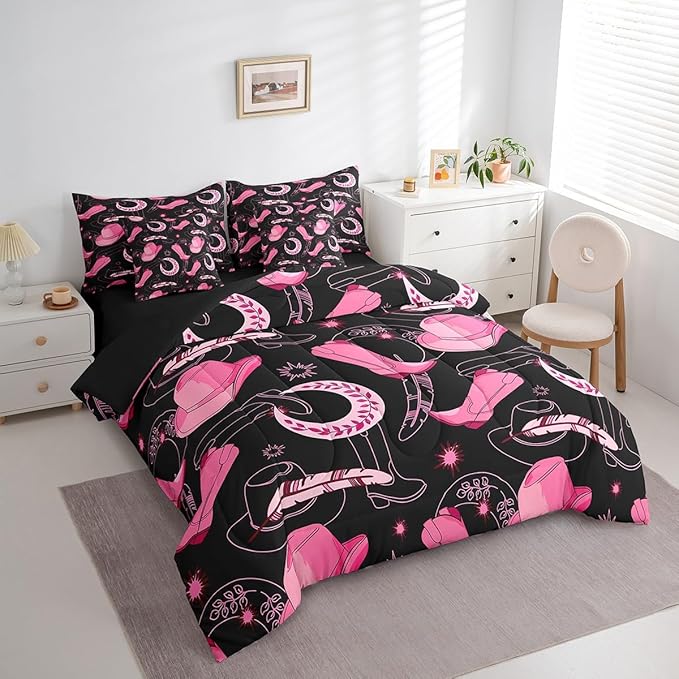 Feelyou Pink Western Cowgirl Comforter Set with Sheets Queen Size Kids West Cowboy 7 Pieces Bedding Set for Boys Girls Teens Rodeo Horseshoe Hat Bed in a Bag Grunge Design Bed Set Sun Moon