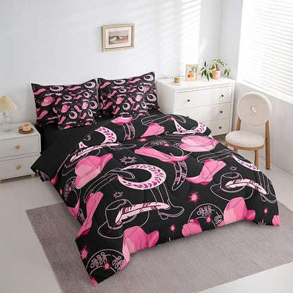 Feelyou Pink Western Cowgirl Comforter Set with Sheets King Size Kids West Cowboy 7 Pieces Bedding Set for Boys Girls Teens Rodeo Horseshoe Hat Bed in a Bag Grunge Design Bed Set Sun Moon