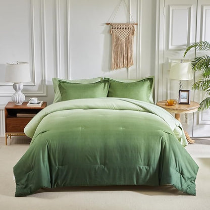 Olive Green and White Gradient Comforter Set Queen Size 7 Pieces Elegant Ombre Bed in a Bag - Reversible All Season Bedding Set with Comforter, Flat Sheet, Fitted Sheet, 2 Pillowcases & 2 Pillow Shams