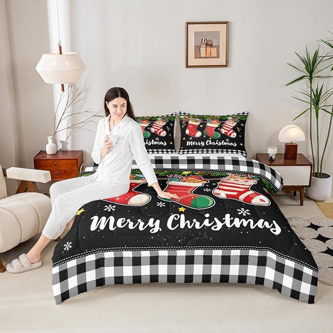 Merry Christmas Comforter Set Twin Size,Cartoon Christmas Stocking Bedding Set 2Pcs,Vintage Black White Check Quilt Set for Kids Girls Boys Room Decor Xmas Tree Duvet Insert,1 Pillowcase